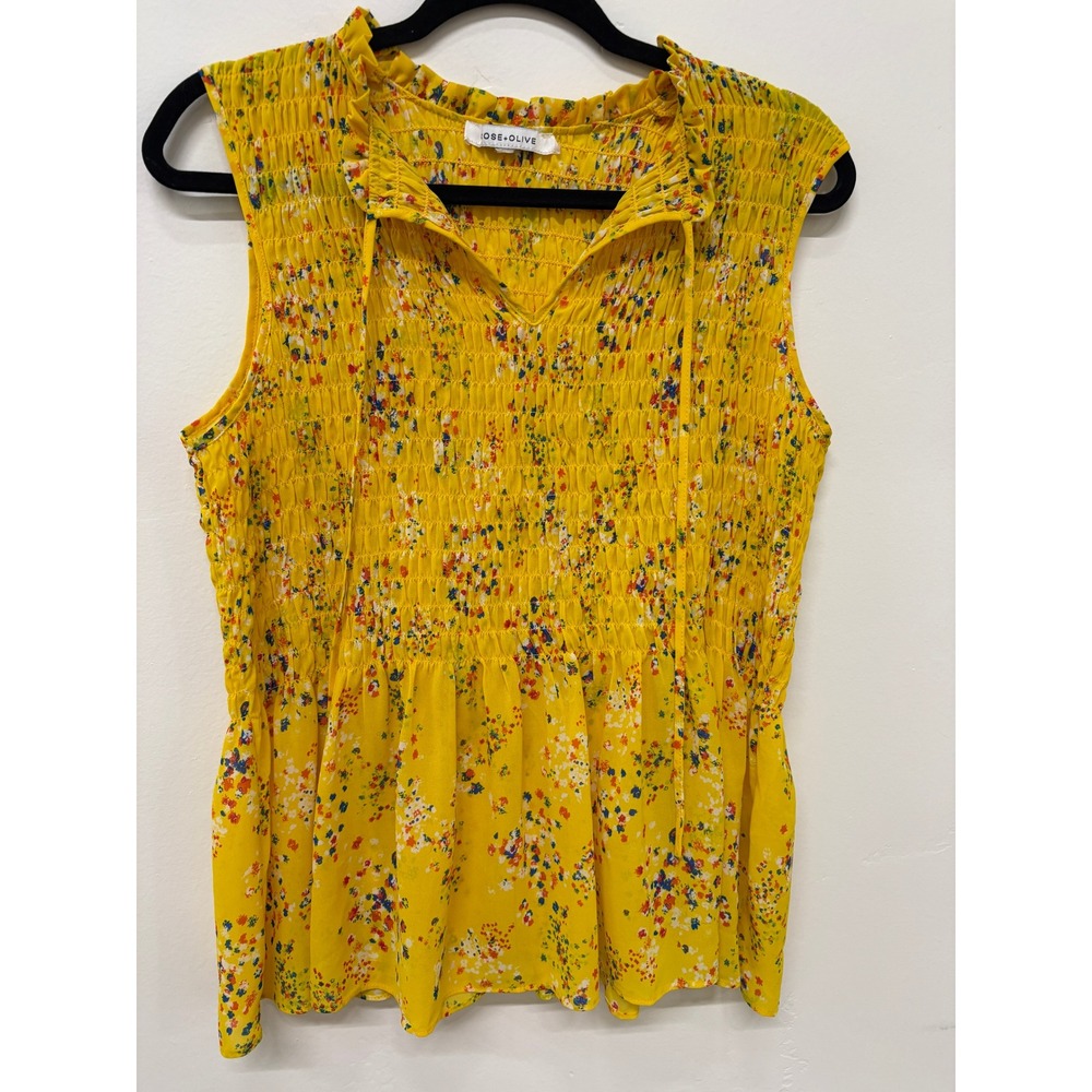 Rose + Olive Yellow Floral Smocked Sleeveless Blouse Peplum Top Medium